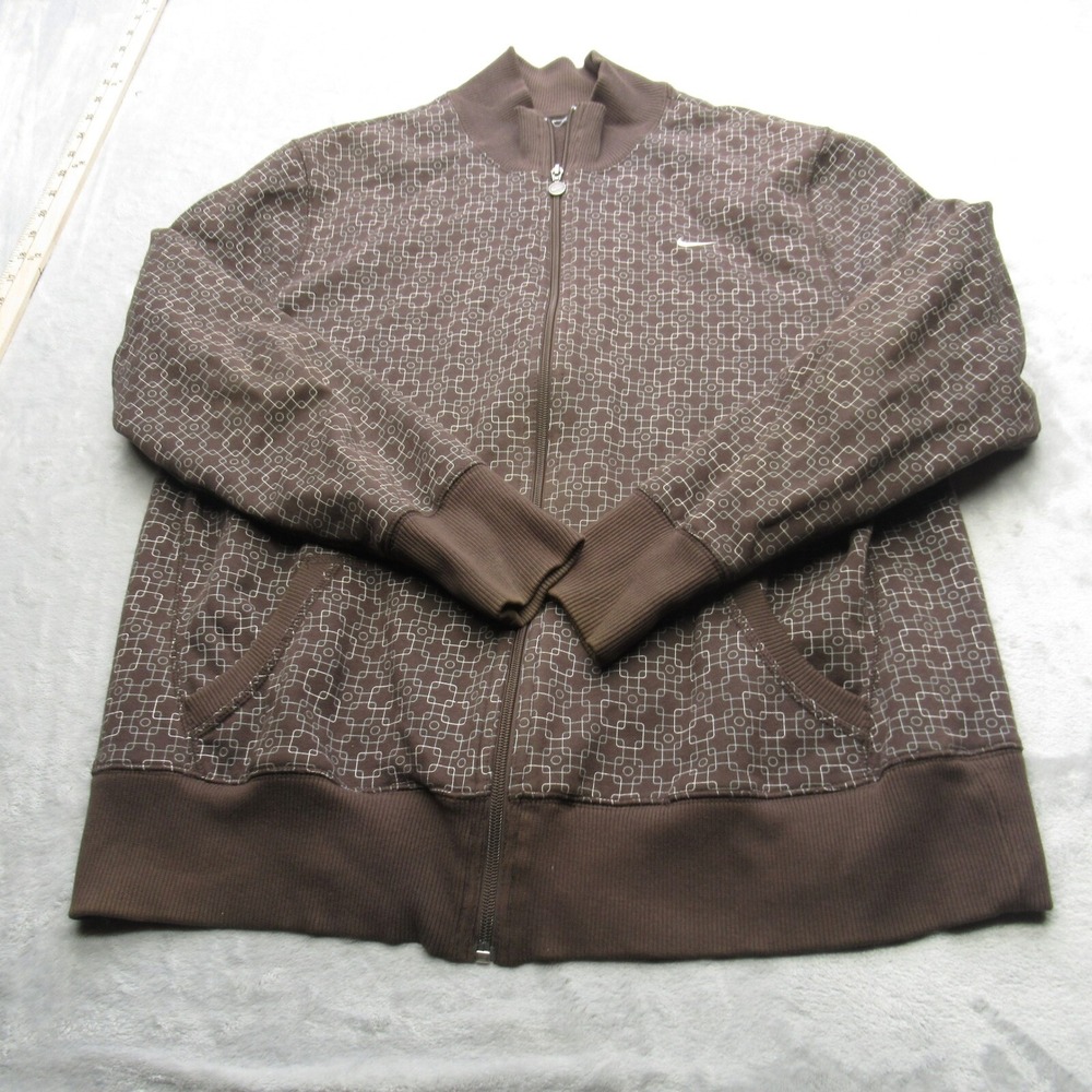 Nike Retro Jacket Womens 2XL Brown Geometric Pocket Swoosh Fleece Full Zip VTG